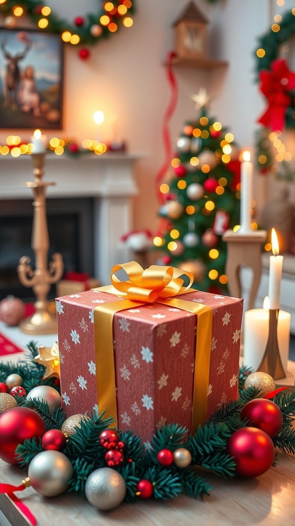 Christmas Wishlist Ideas for Black Women A festive Christmas gift box with gold ribbon on a decorated table with ornaments and a Christmas tree.